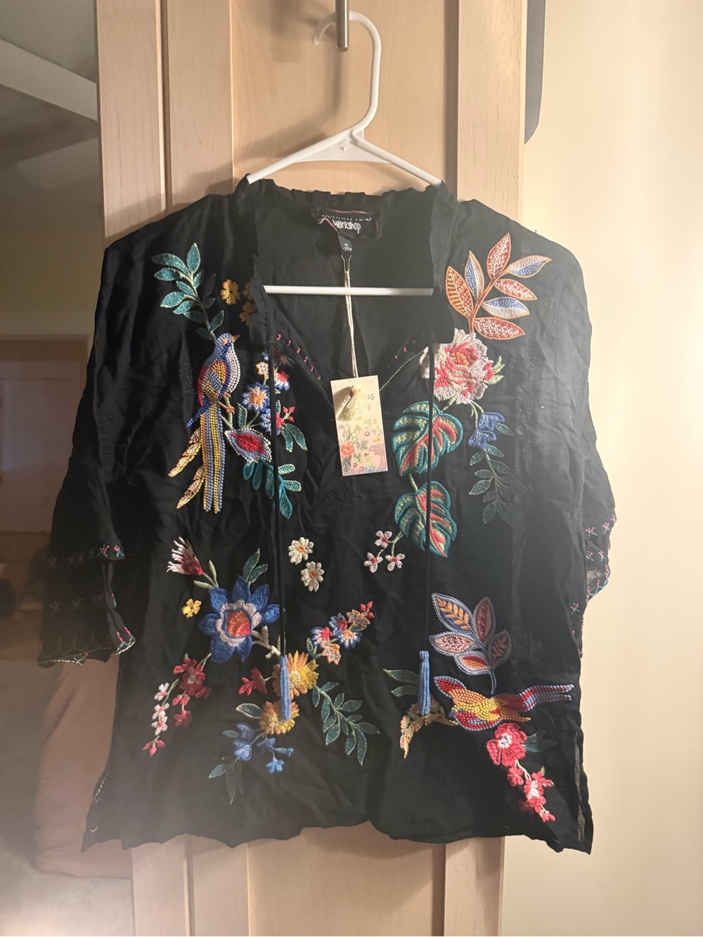 Johnny Was Black Embroidered Floral & Parrot Blouse